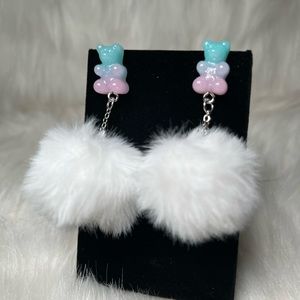 Cute Blue / Pink  Bear Stud Earrings  with Dangle Pom Pom Ball